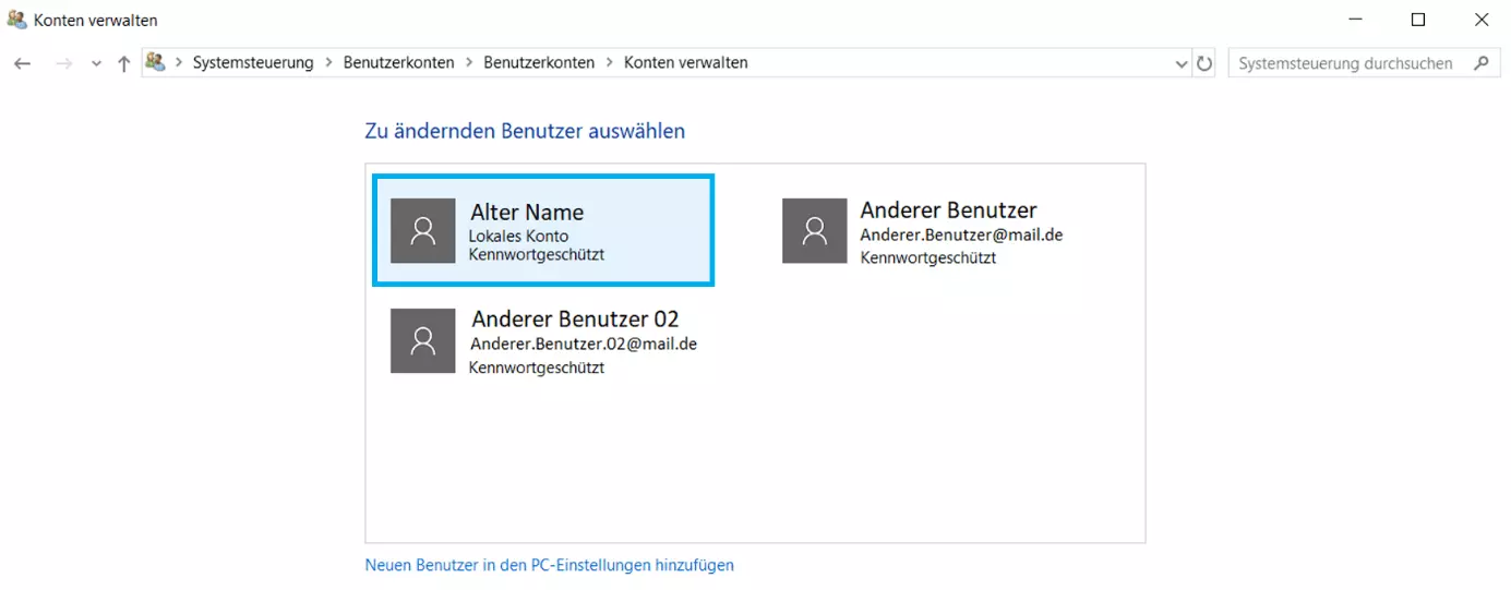 Das lokale Konto in der Kontenübersicht