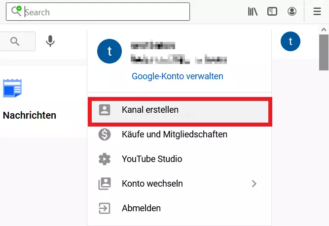 YouTube-Schnellmenü: Menüpunkt „Kanal erstellen“