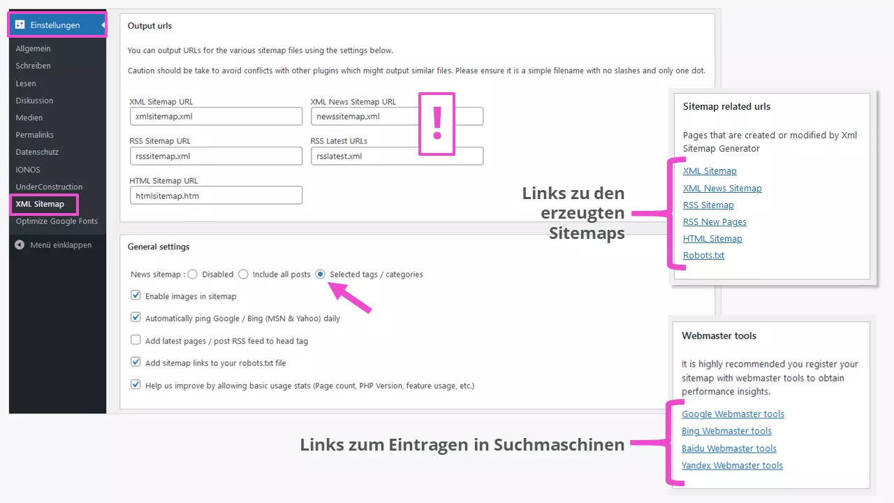 Oberer Teil der Admin-Oberfläche des Plugins „XML Sitemap Generator for Google“