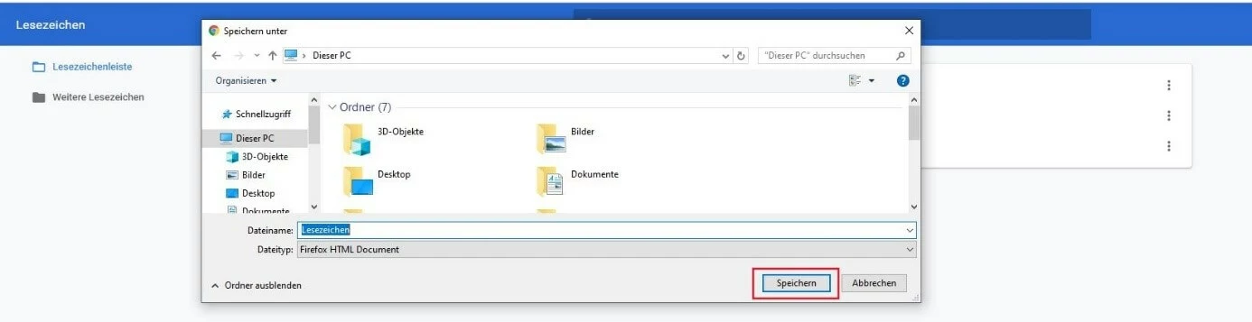 Chrome-Lesezeichen sichern: Angabe des Speicherortes