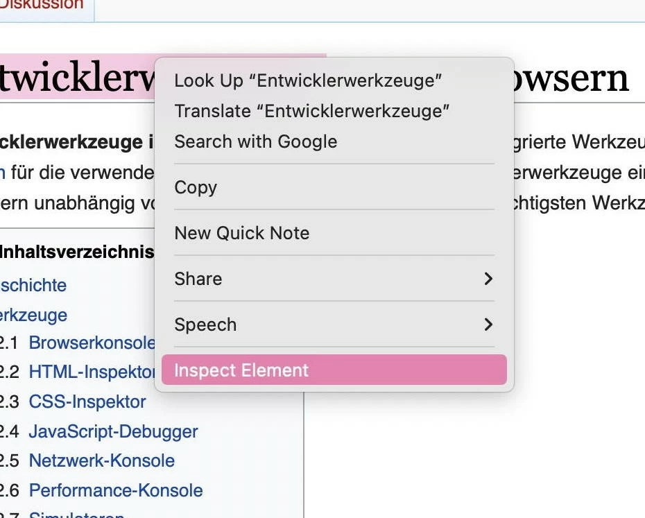 Kontextmenü mit Eintrag „Inspect element“ in Safari