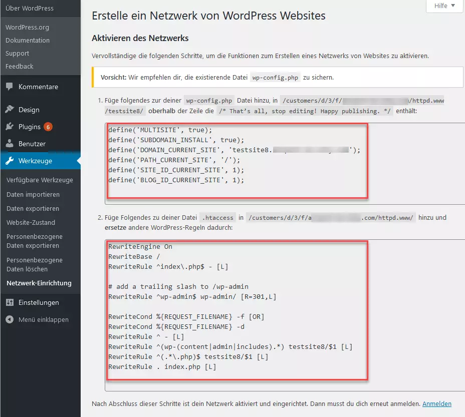 Werkzeuge – Netzwerkeinrichtung: Code-Schnipsel zum Aktivieren des Netzwerks