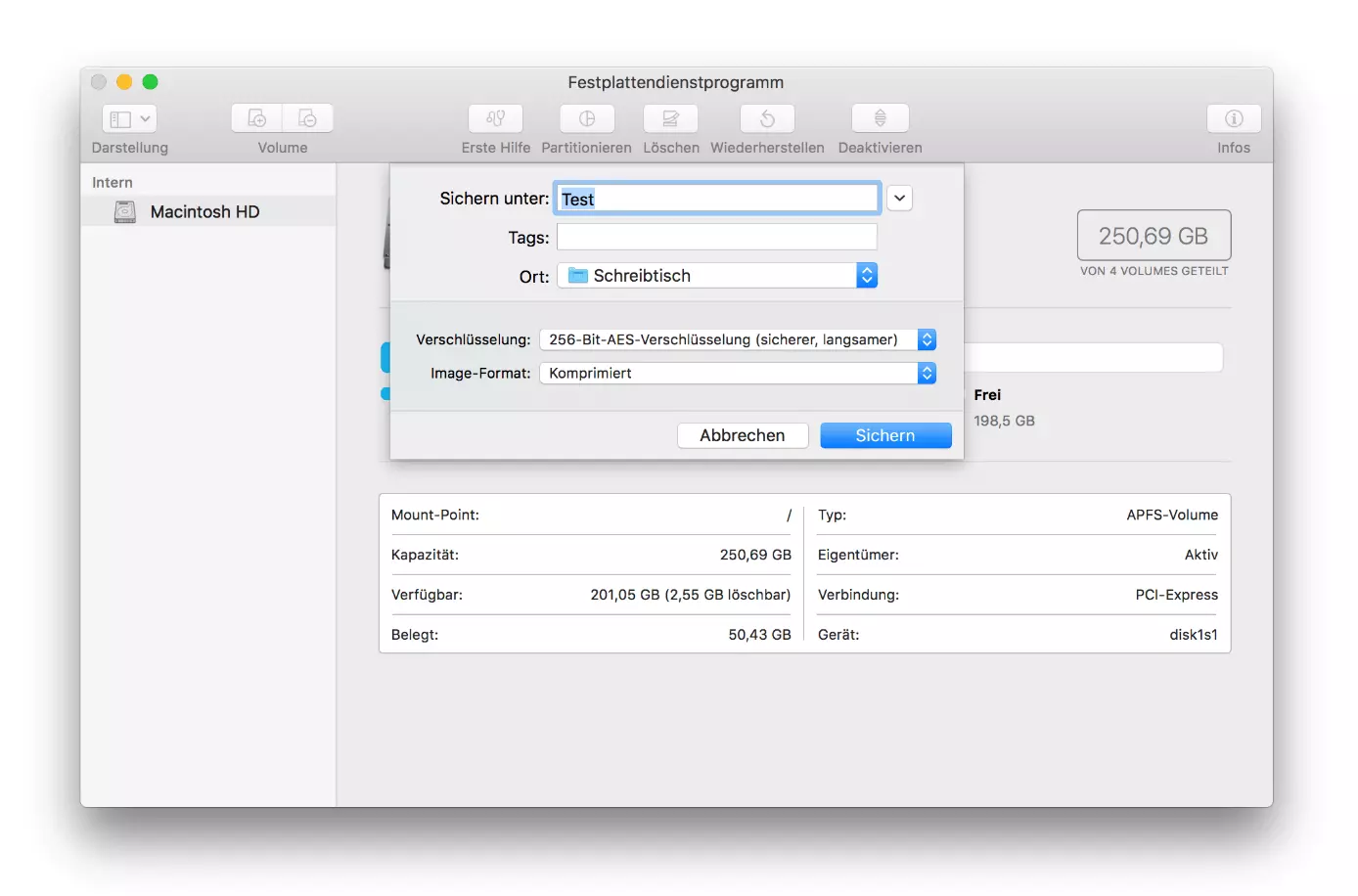 macOS-Festplattendienstprogramm: Auswahl des Verschlüsselungsalgorithmus