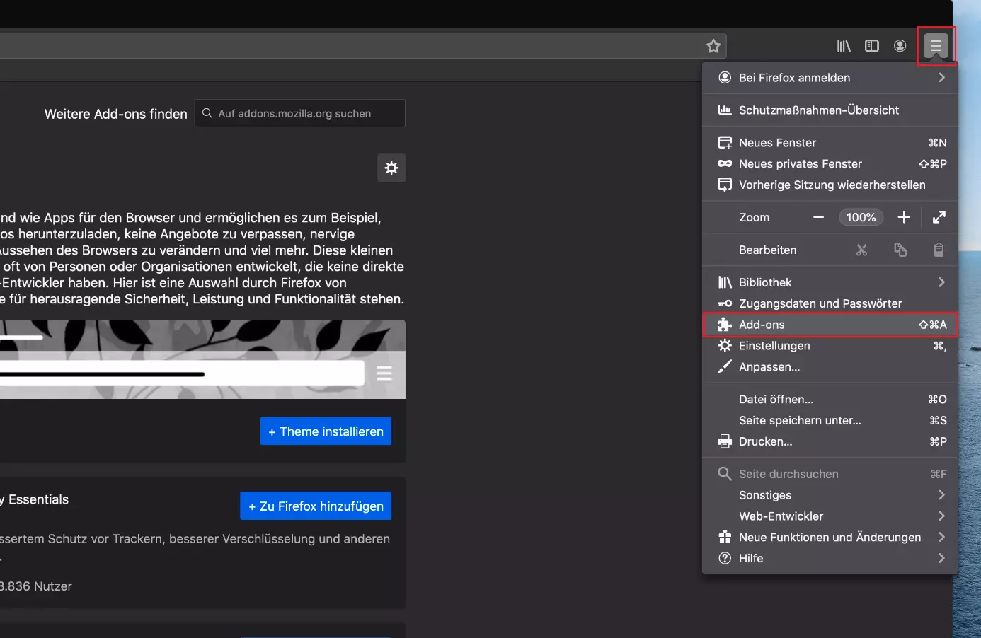 Burger-Menü mit dem Menüpunkt „Add-ons“ im Firefox Browser