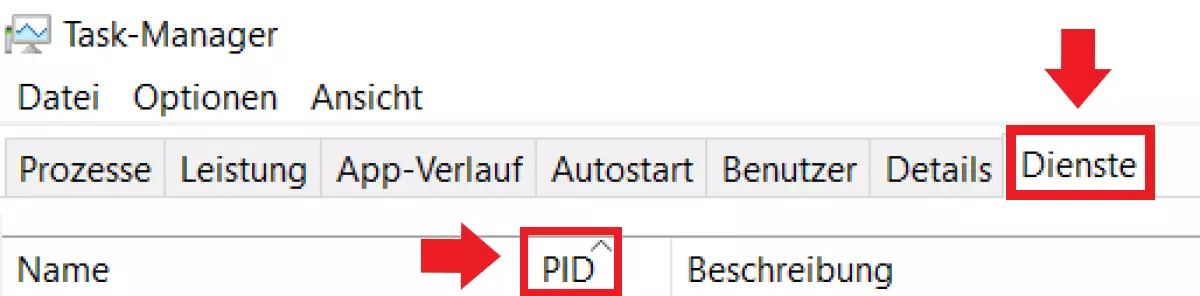 Finden Sie mit der PID im Task Manager heraus, welcher Prozess einen offenen Port nutzt.