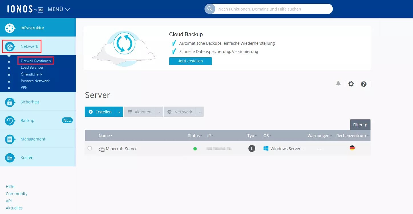 „Firewall-Richtlinien“ im IONOS Cloud Panel