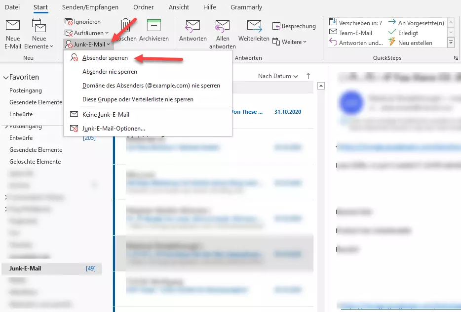 Outlook: Absender sperren im Junk-E-Mail-Menü