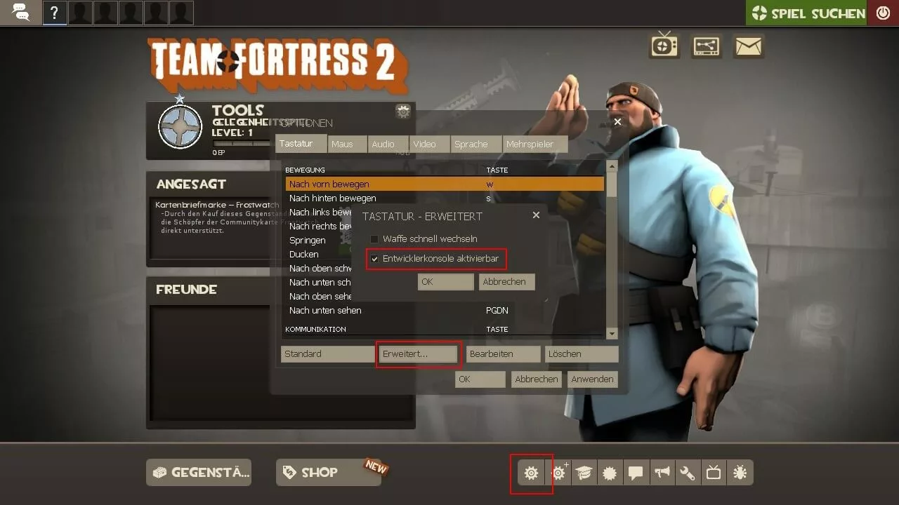 Startoberfläche von TF2: Entwicklerkonsole aktivieren