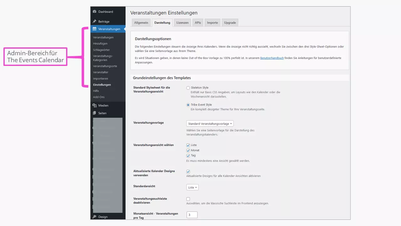 Der Admin-Bereich von The Events Calendar als Kernstück eines WordPress-Kalenders