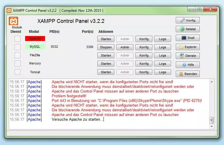 XAMPP: Inaktive Module im XAMPP-Control-Panel