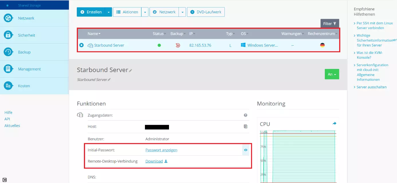 Die Anmeldeinformationen im Cloud Panel