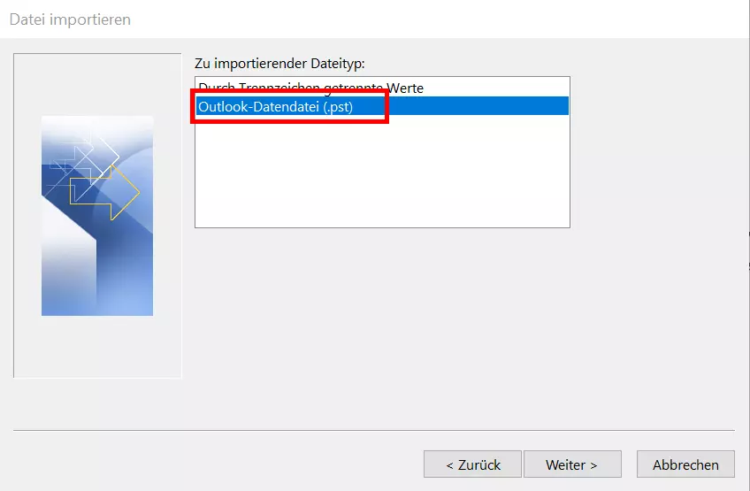 Das passende Dateiformat im Outlook-Assistenten auswählen