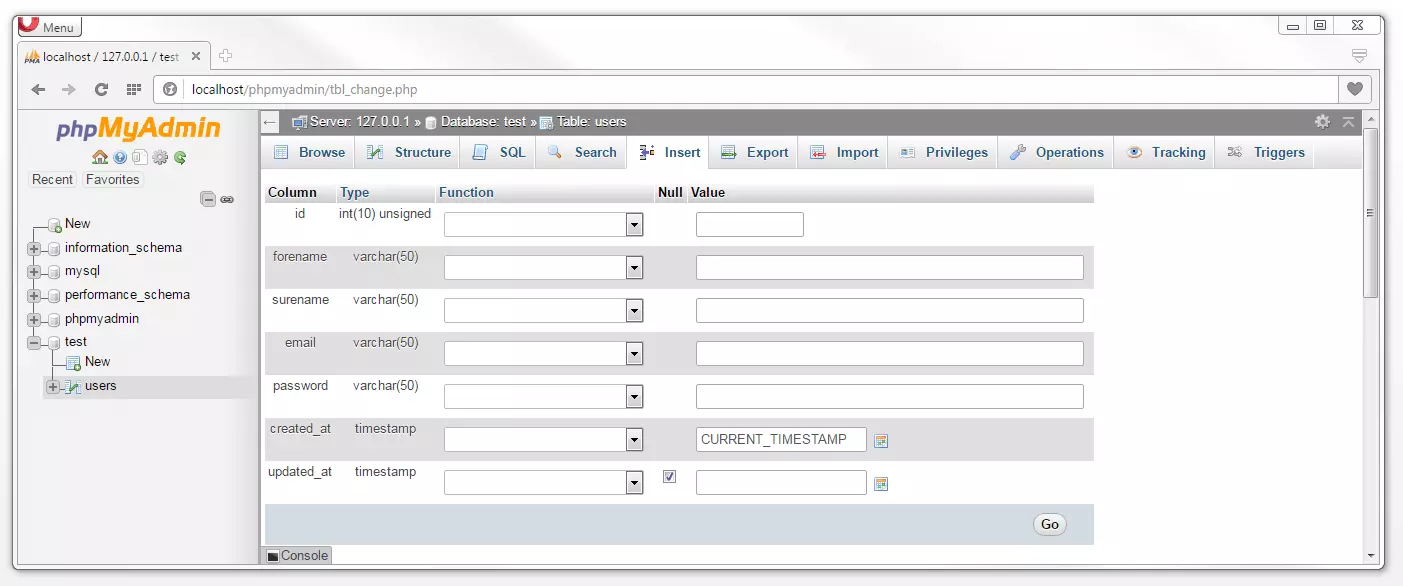 phpMyAdmin: Dateneingabemaske zum Erstellen von Tabelleneinträgen