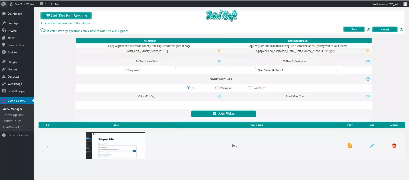 Plugin „Video Gallery“ im WordPress-Backend