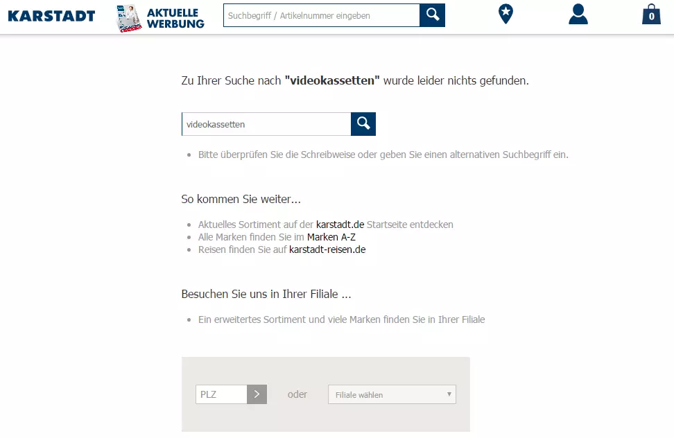 Screenshot einer Suche nach „Videokassetten“ im Onlineshop von Karstadt