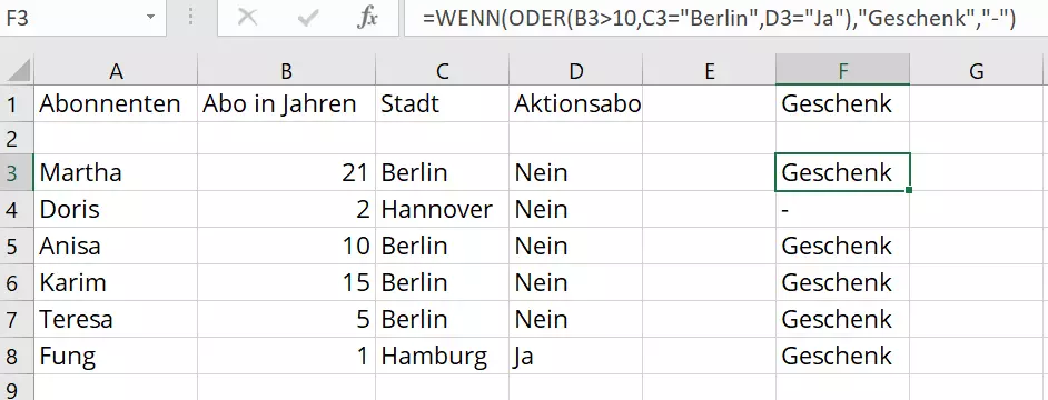 Excel-ODER-Funktion in der Praxis