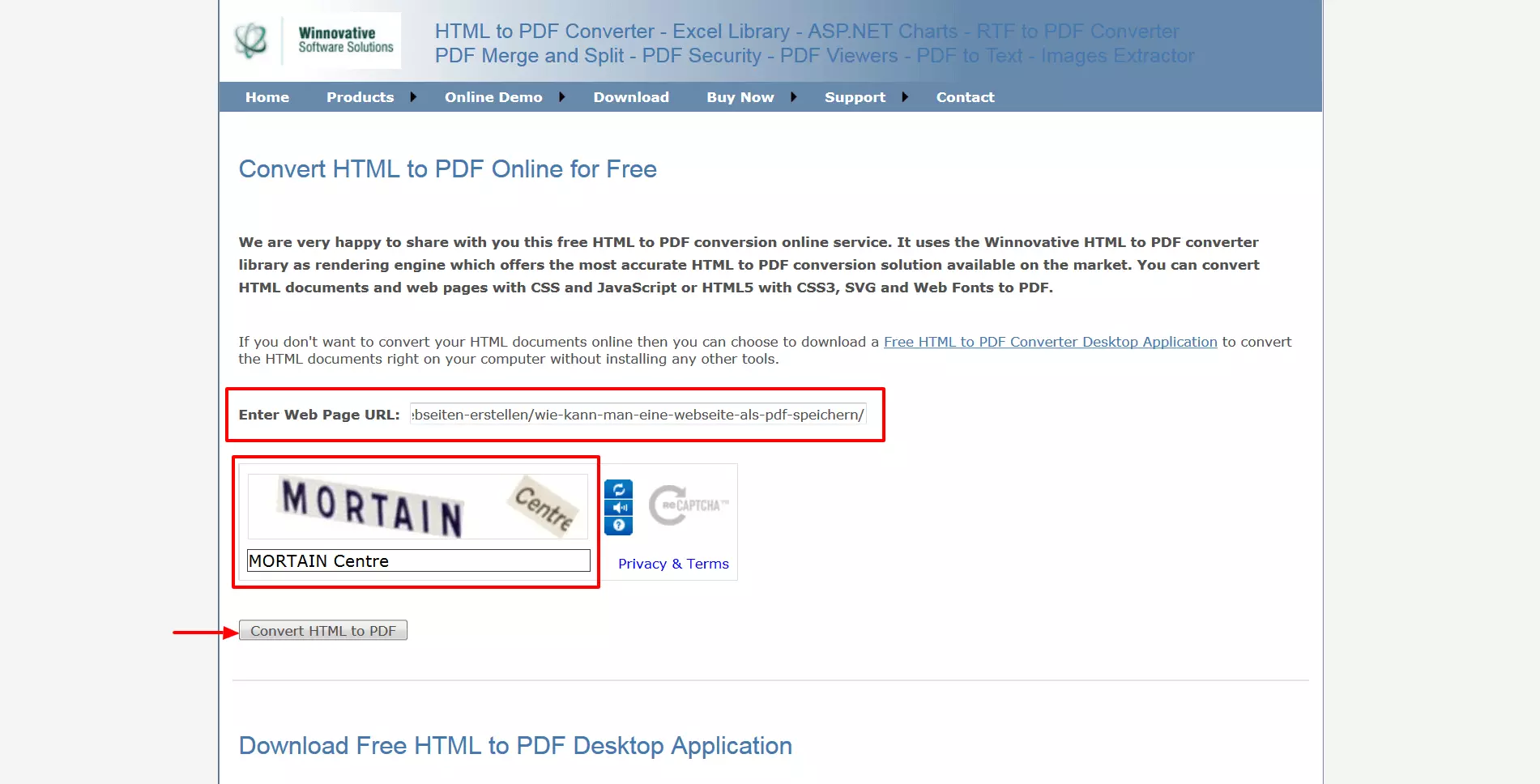 Startseite des Free HTML to PDF Converters