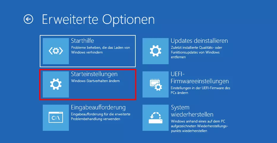 „Starteinstellungen“-Eintrag in den erweiterten Optionen