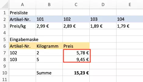 WVERWEIS: Ausgefüllte Zellen Beispiel