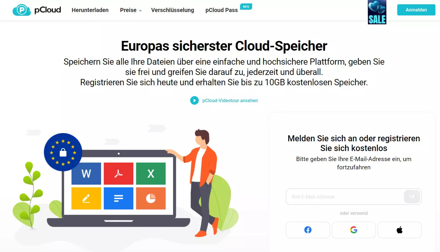 Die Startseite des Cloud-Speicherdienstes pCloud