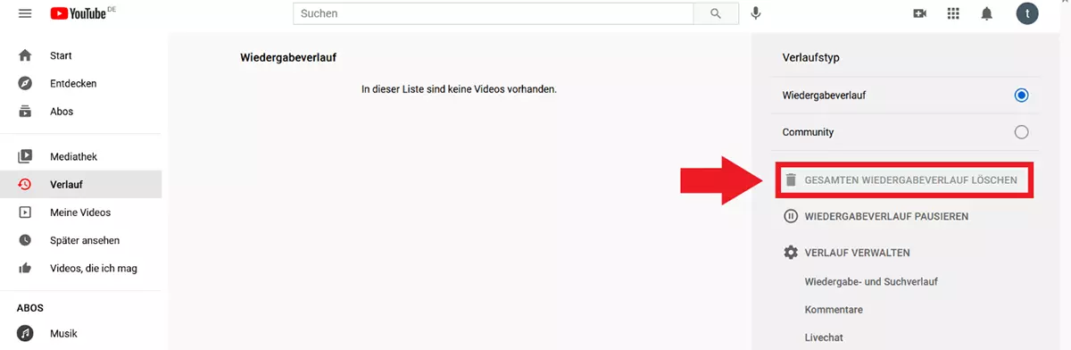 YouTube: Option „Gesamten Wiedergabeverlauf löschen“