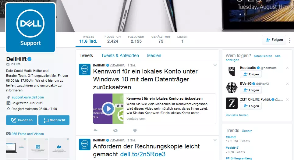 Screenshot des Twitter-Accounts @DellHilft des Unternehmens DELL