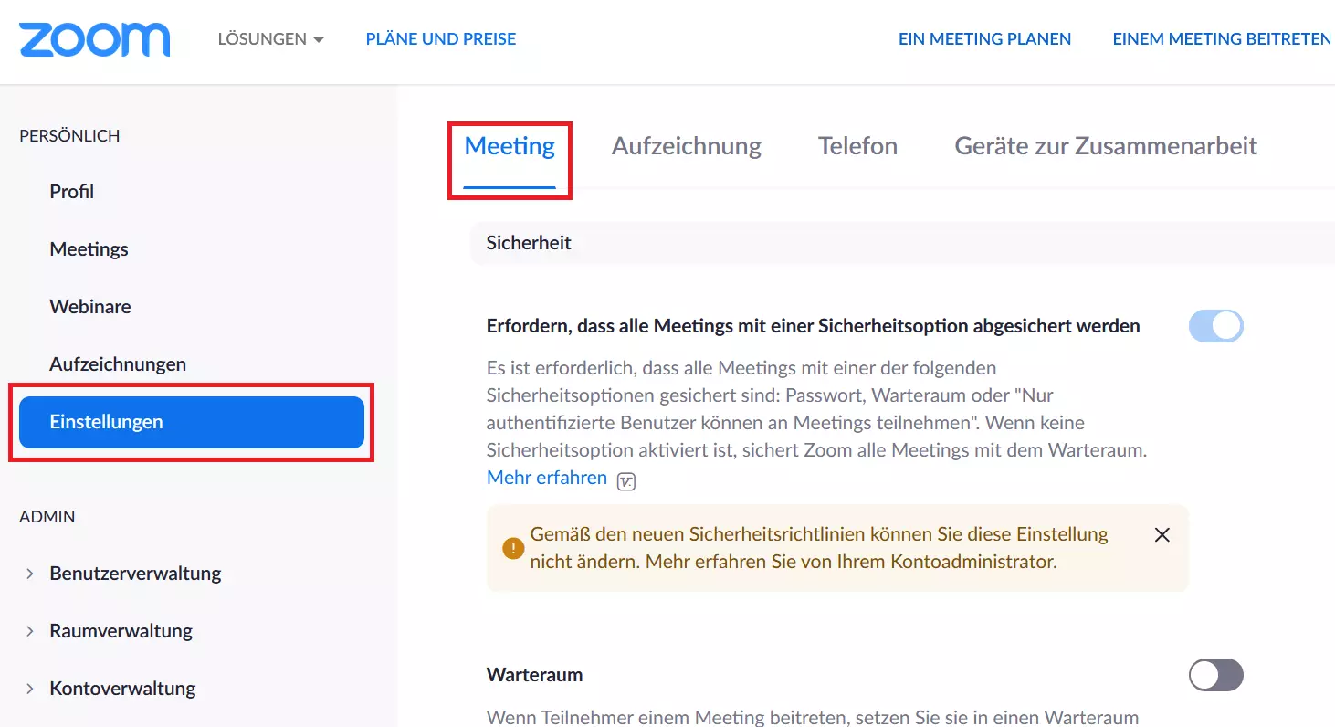 Meeting-Einstellungen auf der Website von Zoom