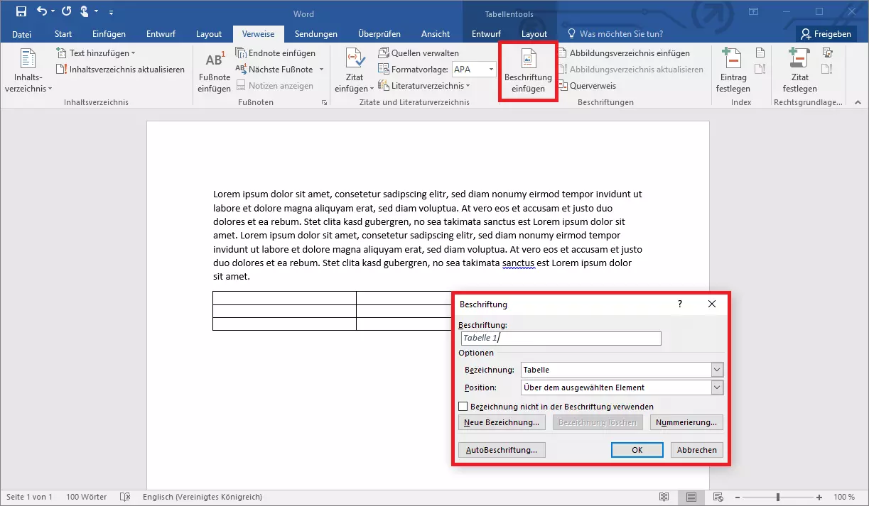 Beschriftung von Tabellen in Word