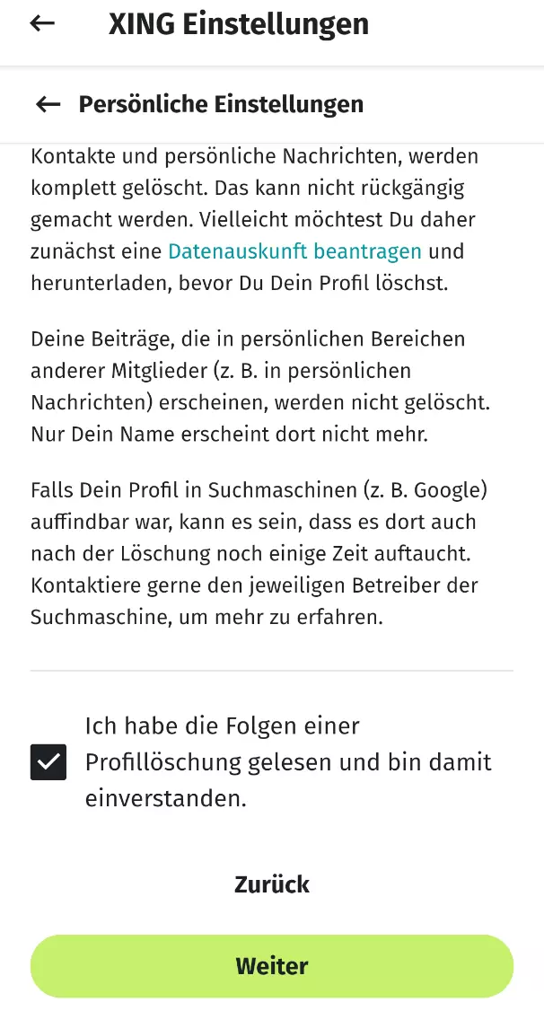 Dialog zur Löschung in der Xing-App