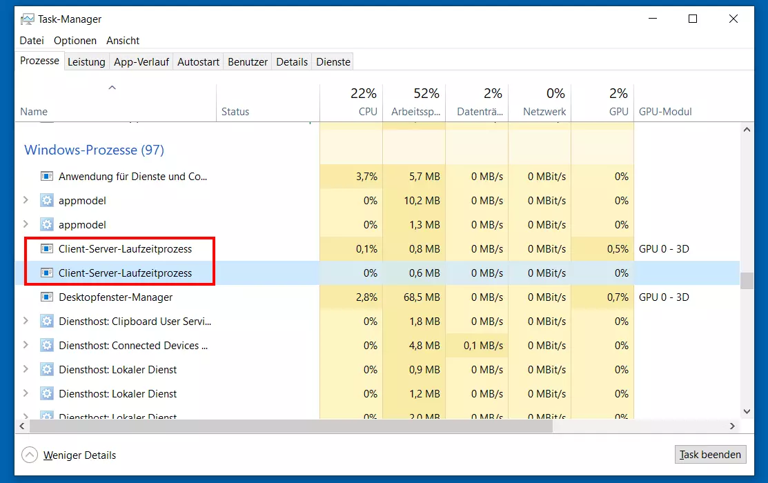 Windows-10-Tasks: Client-Server-Laufzeitprozess (csrss.exe)