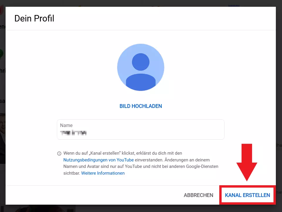 YouTube: „Kanal erstellen“-Schaltfläche