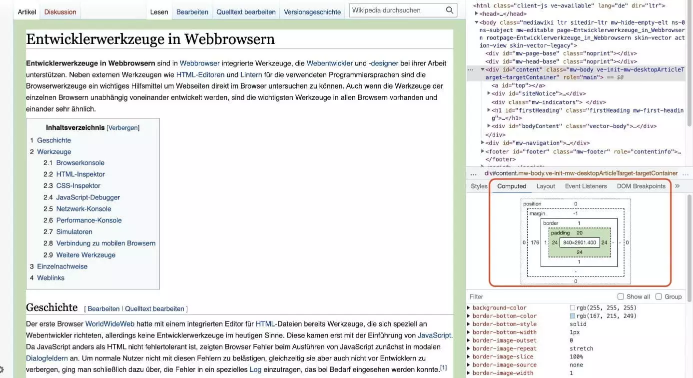 Berechnete CSS-Eigenschaften des untersuchten Elements