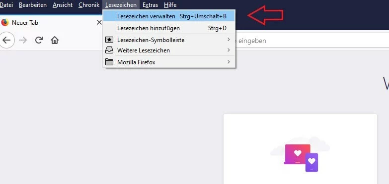 Firefox-Registeroption „Lesezeichen verwalten“