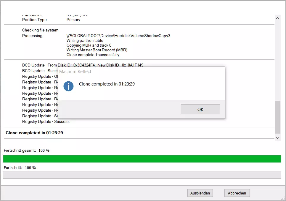 Macrium Reflect: Ende des Kopiervorgangs