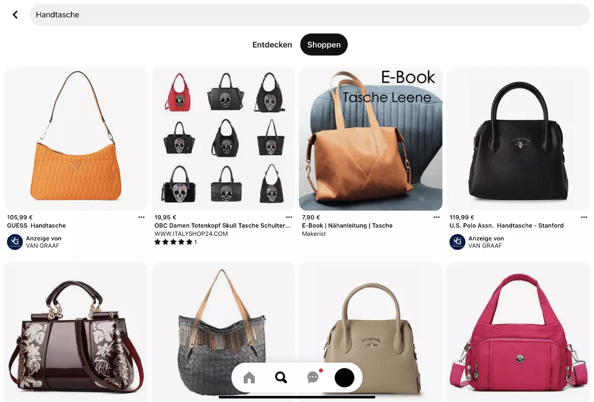 Screenshot von der Pinterest-App mit der Suchanfrage „Handtasche“