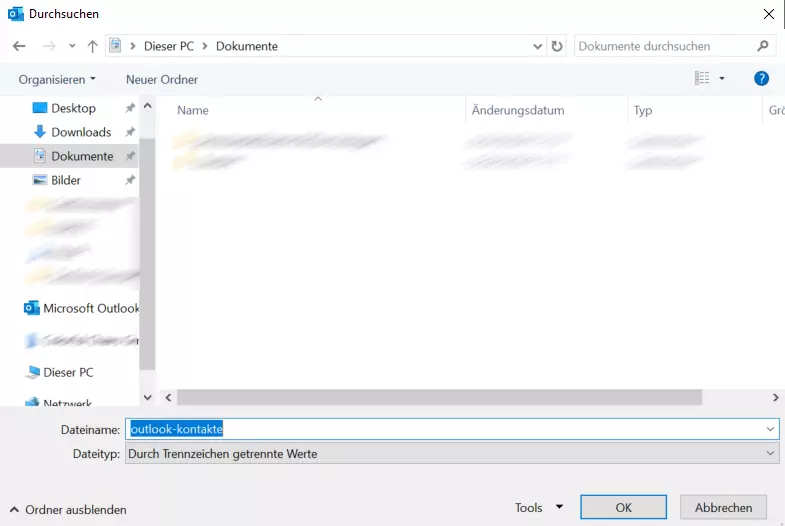 Outlook 365: Festlegung des Speicherorts für Dateiexport