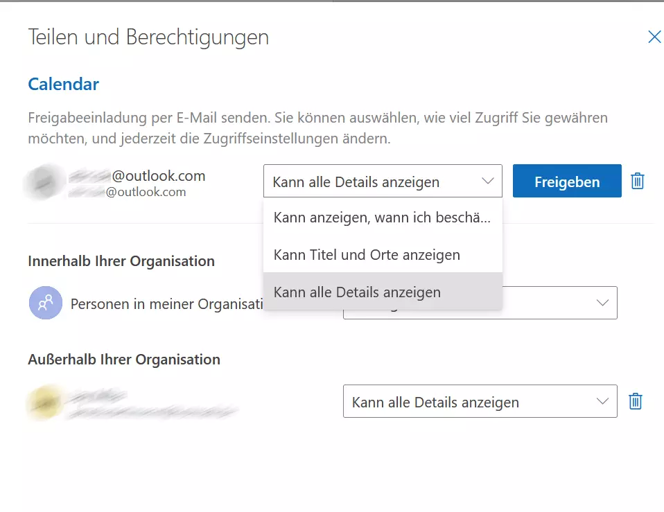 Outlook im Web: Berechtigungseinstellungen zum Teilen eines Kalenders