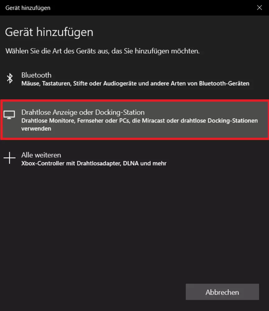 Um PC-Inhalte zu projizieren, gehen Sie unter „Drahtlose Anzeige oder Docking-Station“ auf Ihren Fernseher