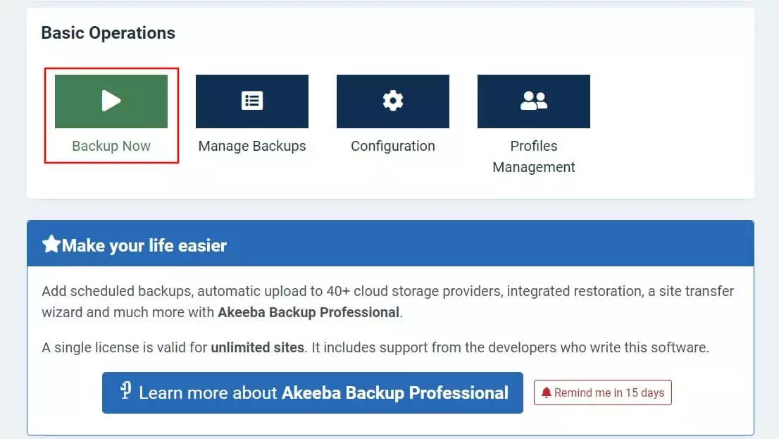 Akeeba Backup: Menü im Joomla-Backend