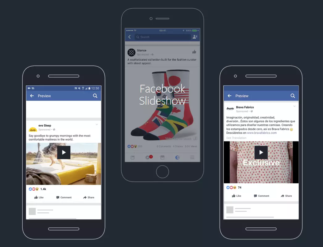 Beispiele verschiedener Slideshow Ads auf Facebook
