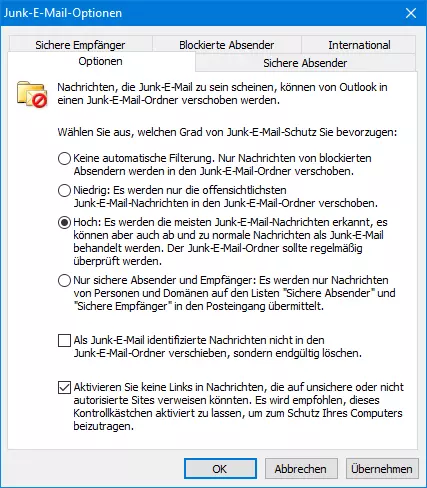 Junk-E-Mail-Optionen in Outlook