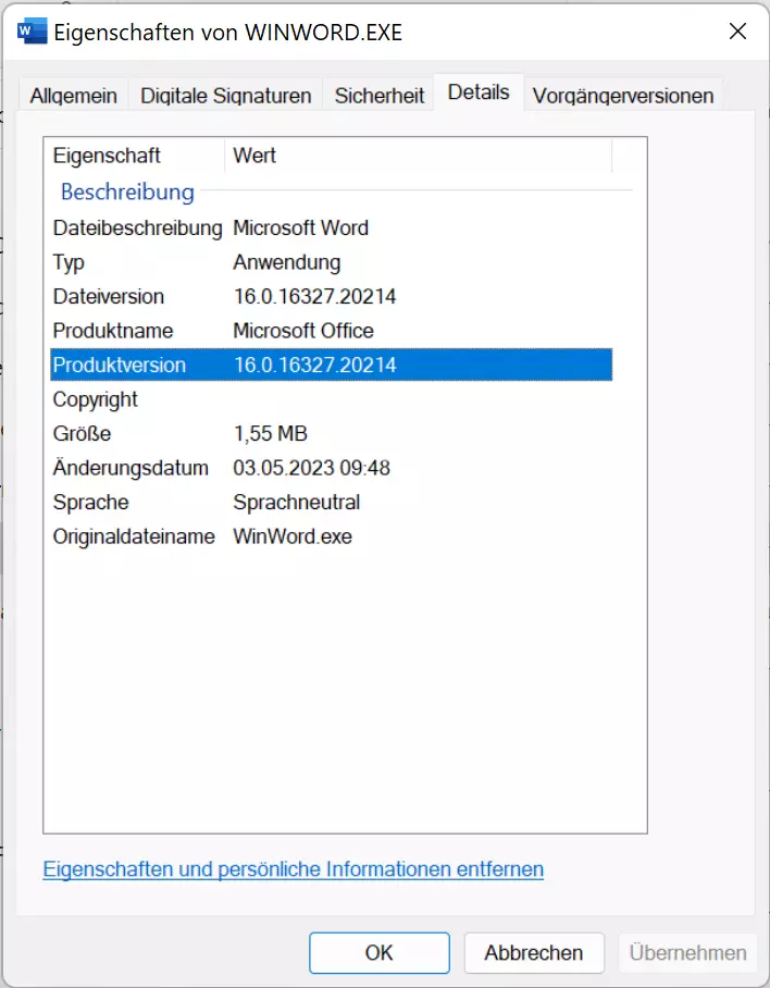 Eigenschaften der Datei WINWORD.EXE