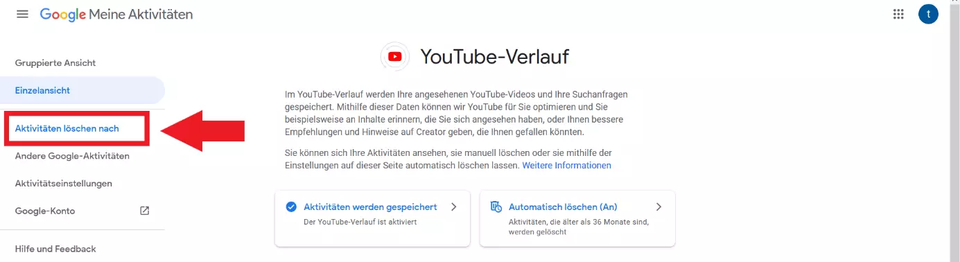 YouTube: „Aktivitäten löschen nach“-Eintrag