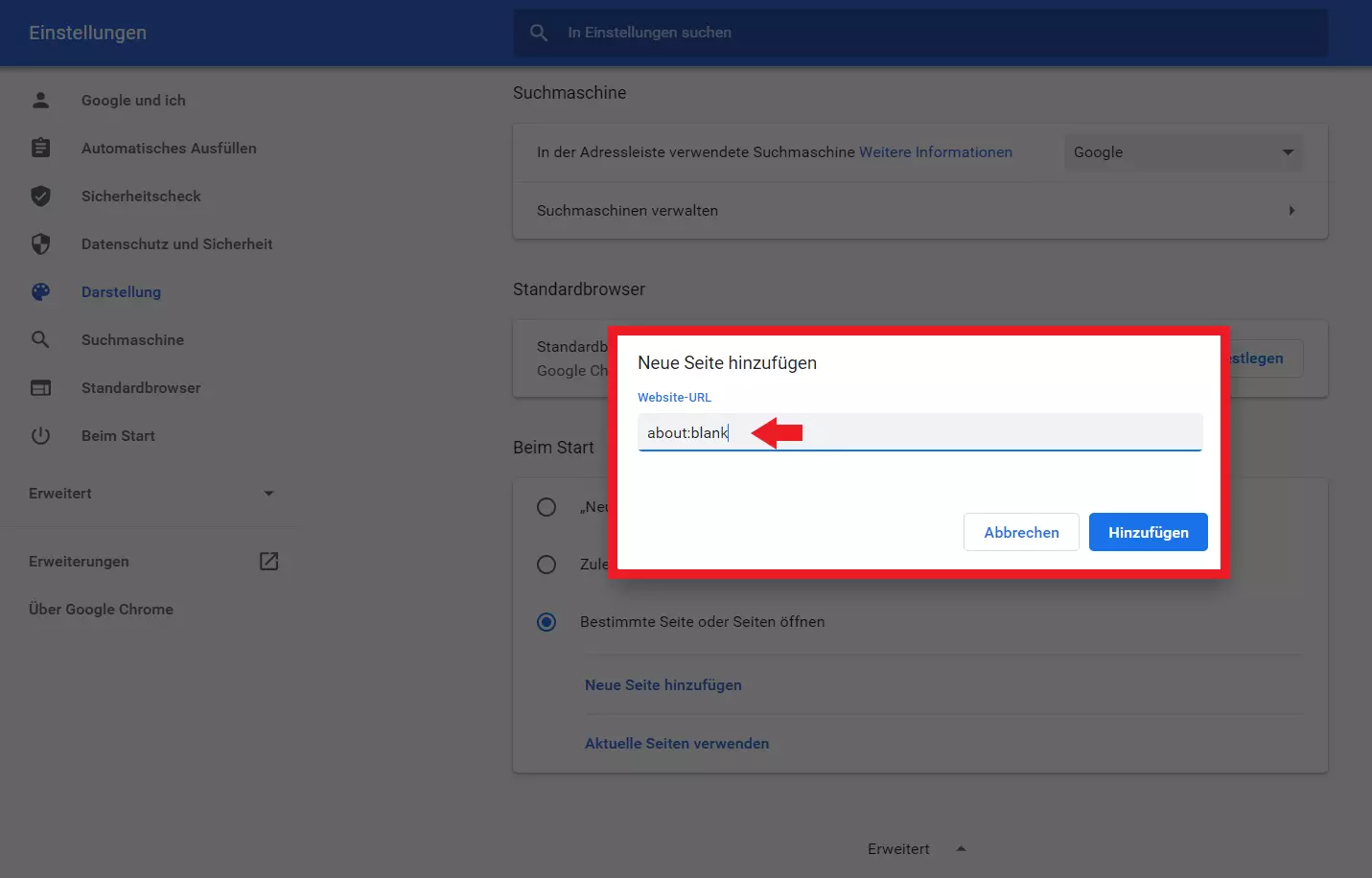 Mit „about:blank“ legen sie unter „Bestimmte Seite oder Seiten öffnen“ eine leere Startseite fest