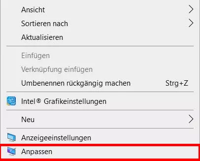 Desktop-Kontextmenü: Auswahlpunkt „Anpassen“