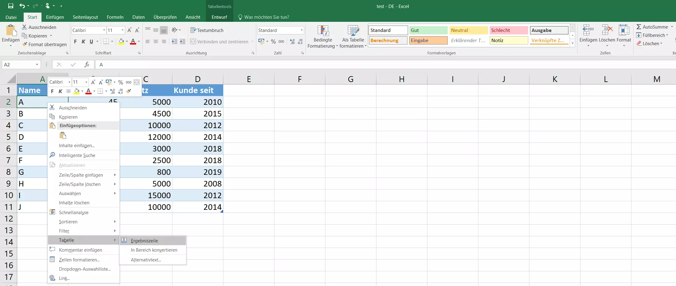 Excel 2016: Hinzufügen der Tabellen-Ergebniszeile