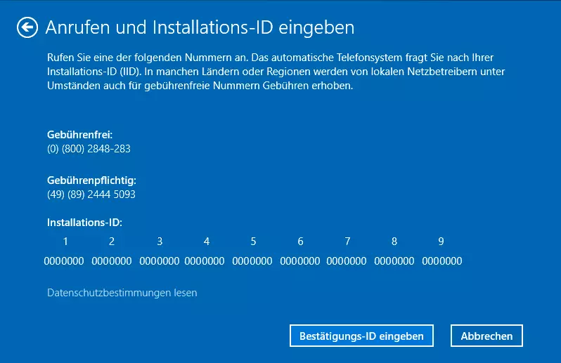 Fenster für die telefonische Aktivierung von Windows