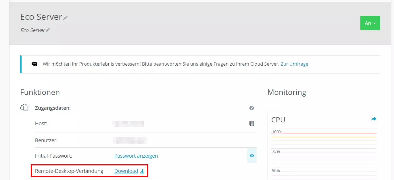 IONOS Cloud Panel: Zugangsdaten des Eco-Servers