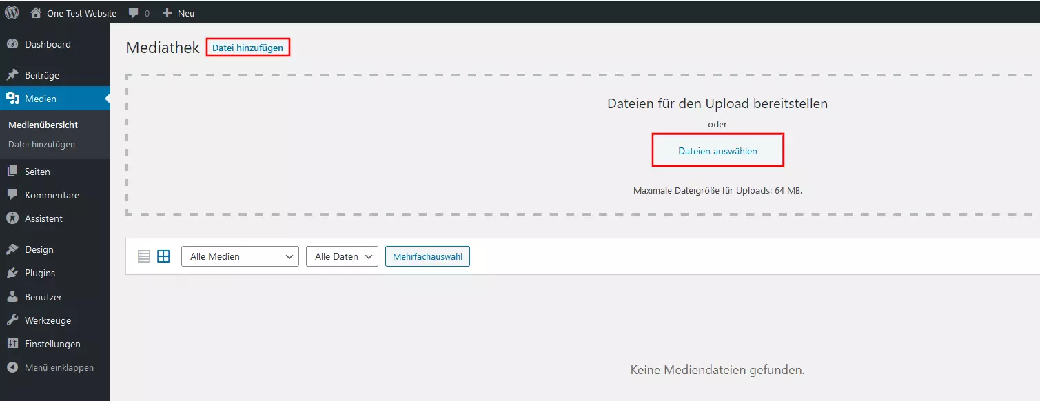 WordPress-Mediathek: Dialogfeld für den Datei-Upload