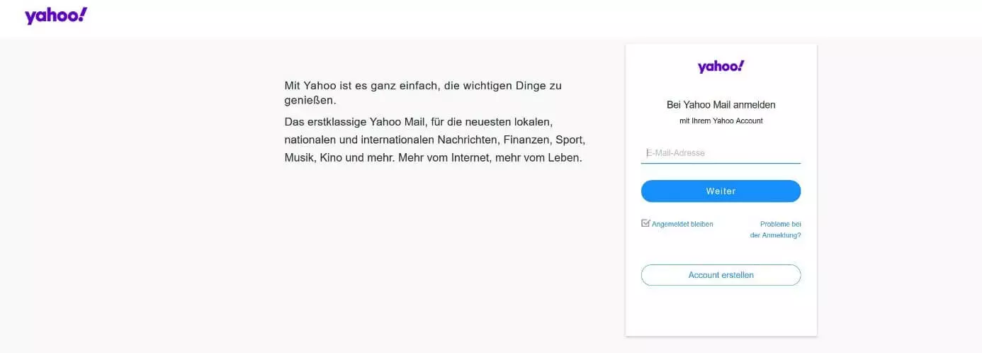 Yahoo Mail: Anmeldungsdialog